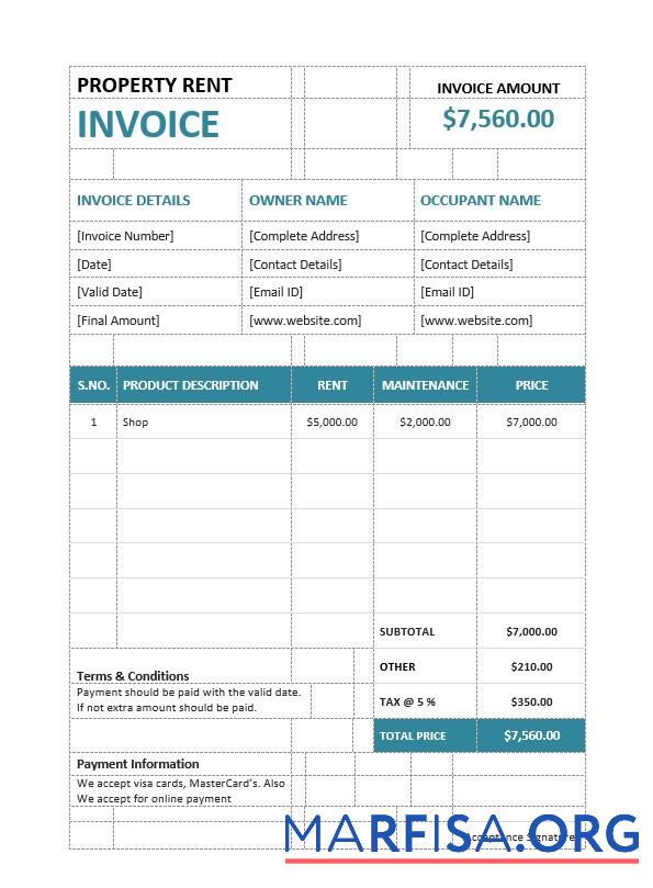 Printable Property Rent Invoice Template